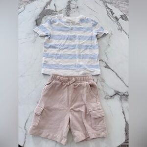 Striped Blue and White Shirt with Beige Shorts
